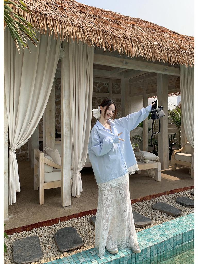 Women's Blue Spliced Lace Shirt Jacket - 2025 Korean Design, Loose Fit, Sun Protection for Summer
