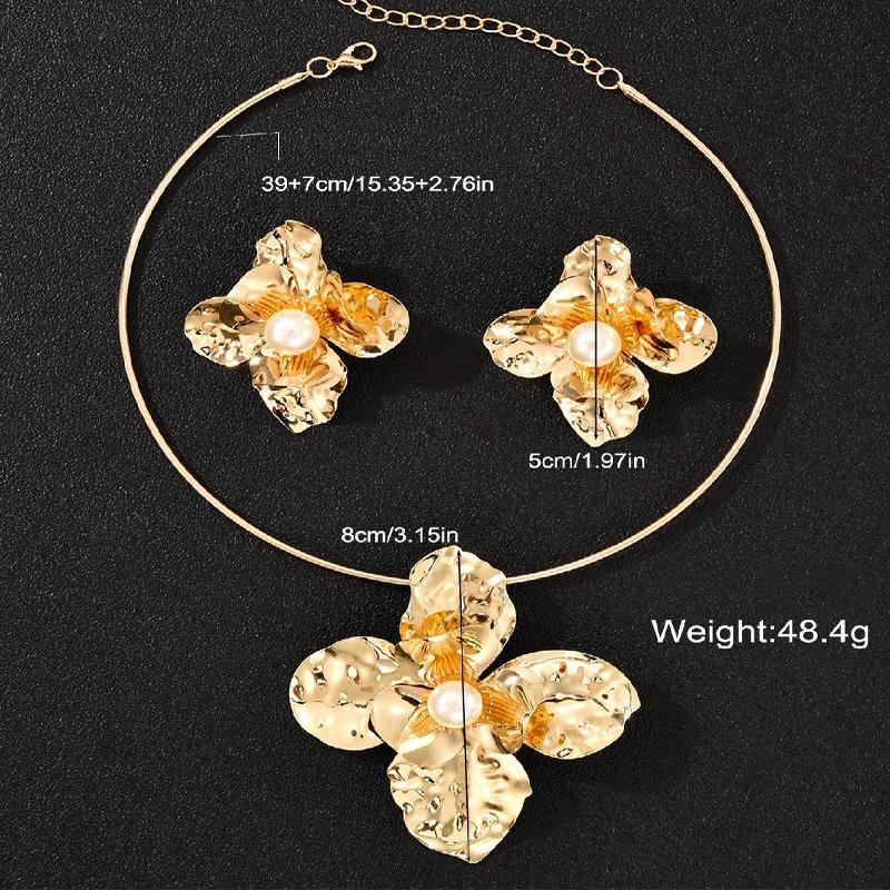 European & American Irregular Floral Jewelry Set for Women Fashion Minimalist Metal Pearl Decor Choker Necklace and Earrings Set