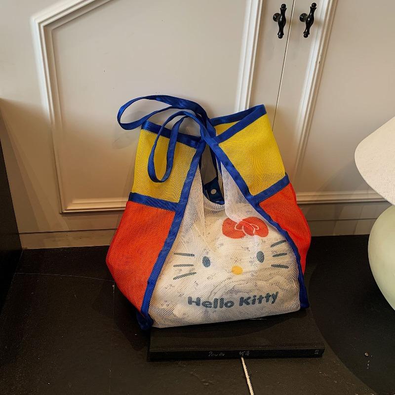 

Cute mesh bag Cartoon contrasting color environmental protection bag Large capacity cat tote bag Lightweight foldable storage bag no pendant