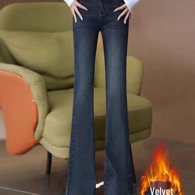 Velvet-Enhanced Thick Denim Flare Pants: High-Waisted, Double-Button Style for Women - 2025 Autumn/Winter Trendy Fashion.
