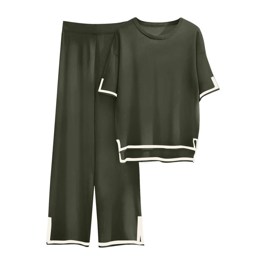 Womens Knit 2 Piece Sweater Sets Short Sleeve Pullover Tops Elastic Waist Wide Leg Pants Women Set