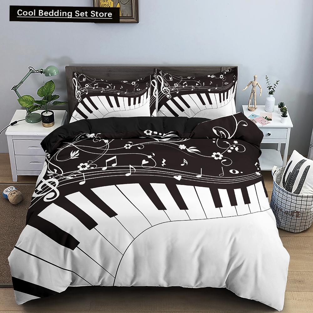 Piano Music King Queen Duvet Cover Musical Notes Bedding Set For Kids Teens Girls Black And White Piano Keys 2/3Pcs Quilt Cover