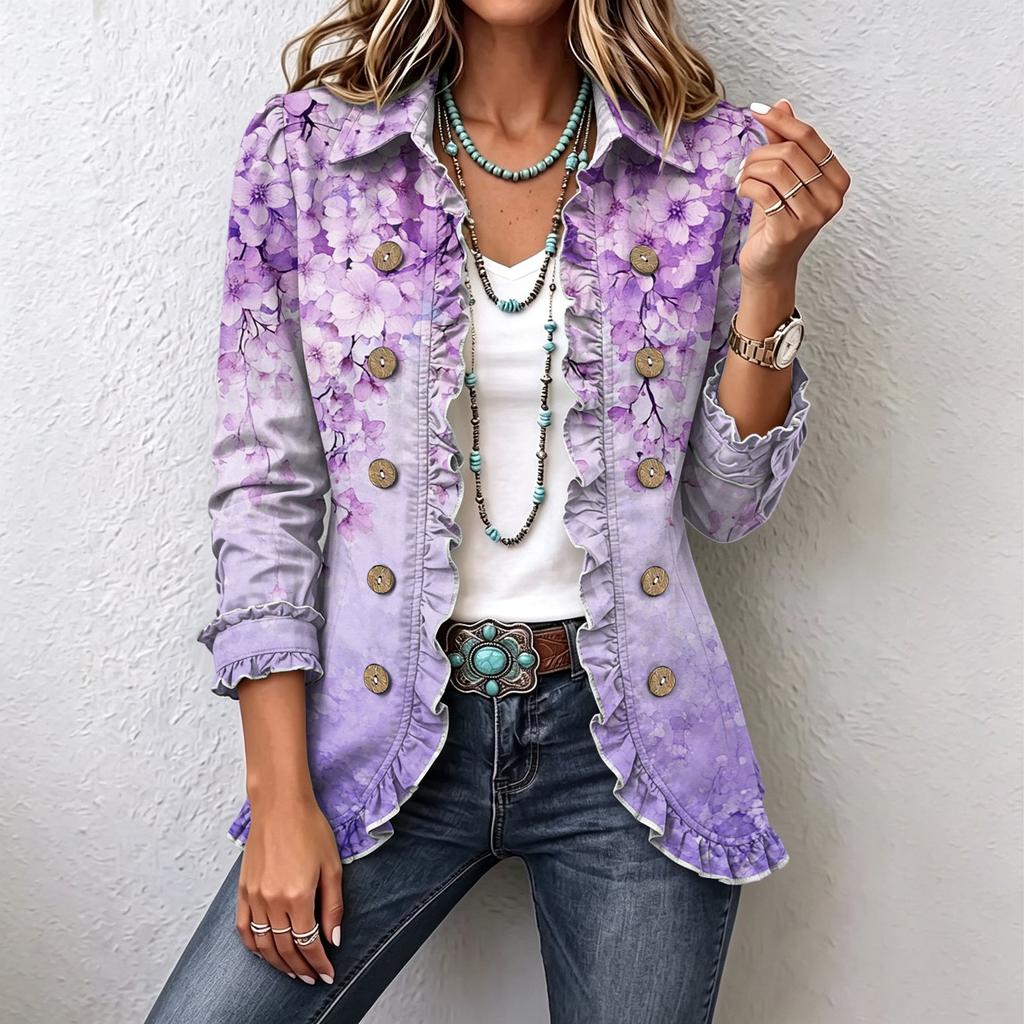 Women's Floral Print Cardigan, Long Sleeve Ruffle Open Front Top, Casual Outerwear for Spring and Fall