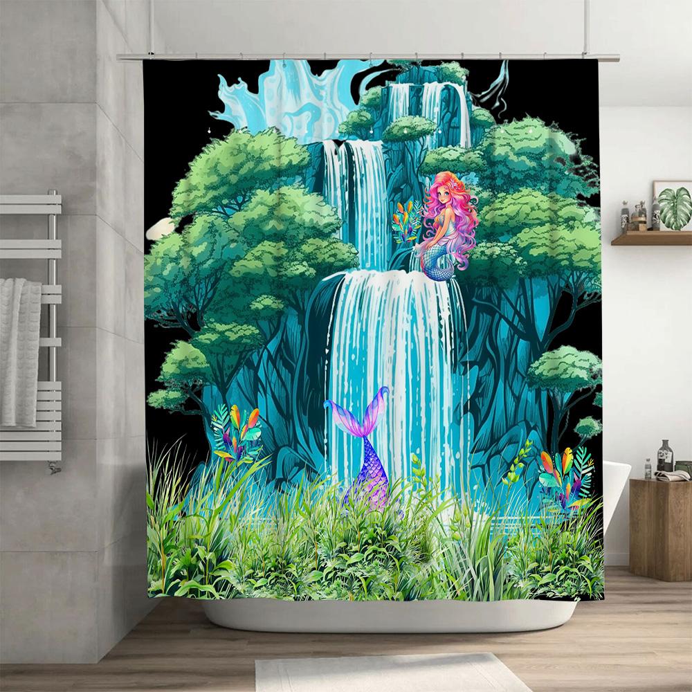 Colorful Mermaid Shower Curtain Waterfall Bathroom Decor With Tropical Plants
