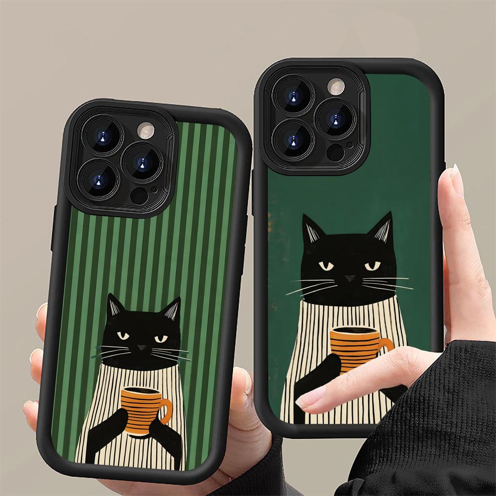 Cute Coffee Cat Thicken TPU Mobile Phone Case for iPhone 17 16 15 14 13 12 11 Air Pro Max Plus Colorful Cover