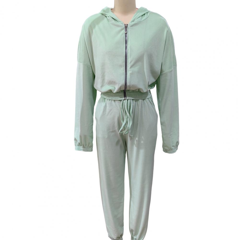 Collection of 2 Pieces Women Coat Pants Suit Hooded Zip-up Long Sleeve Short Top Elastic Hem And Waist Ankle-banded Pockets Trousers Winter D