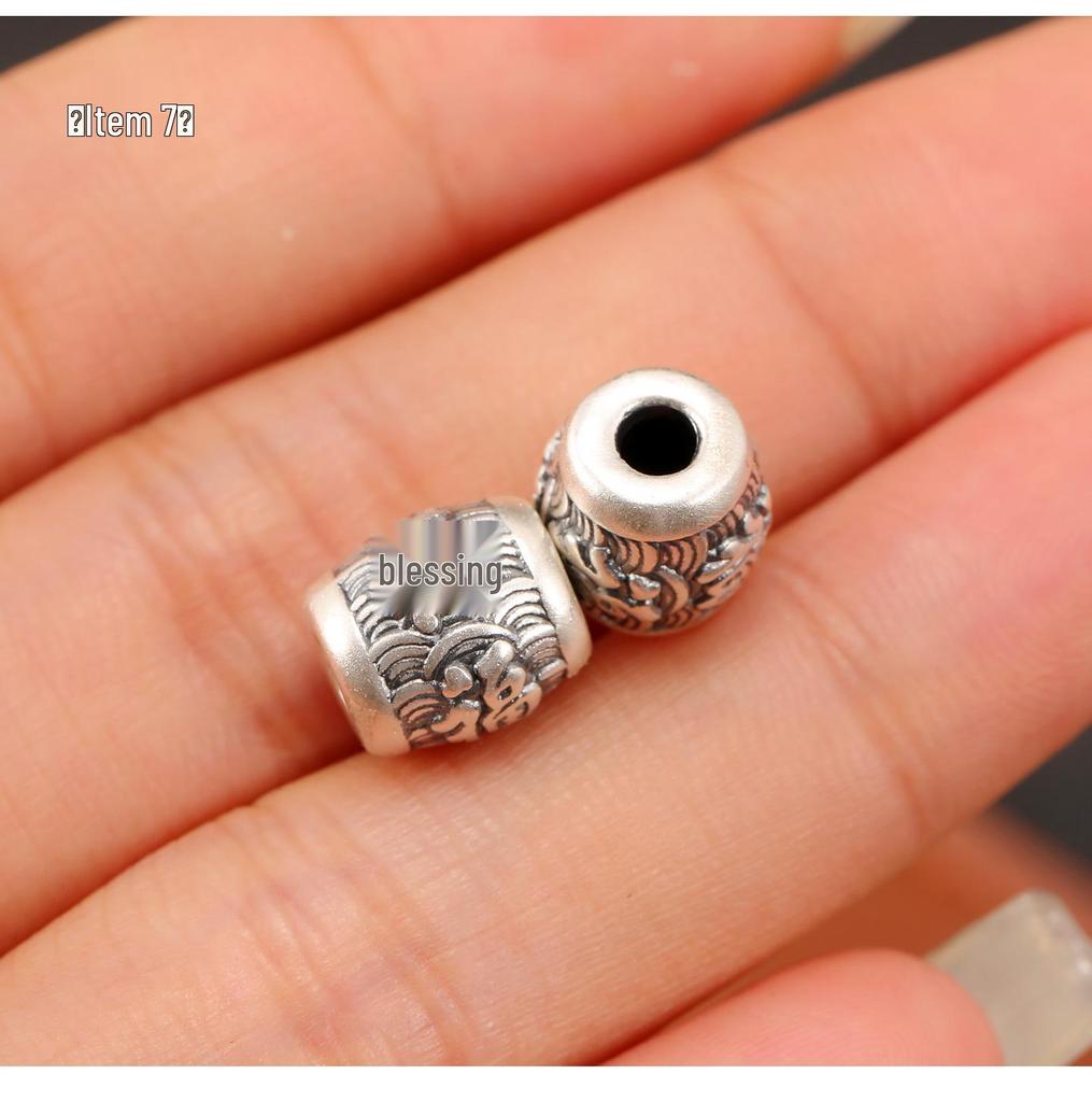 Ethnic-Style Sterling Silver S999 Fu Character Spacer Beads: Retro Barrel Ruyi Beads for DIY Lucky Silver Jewelry