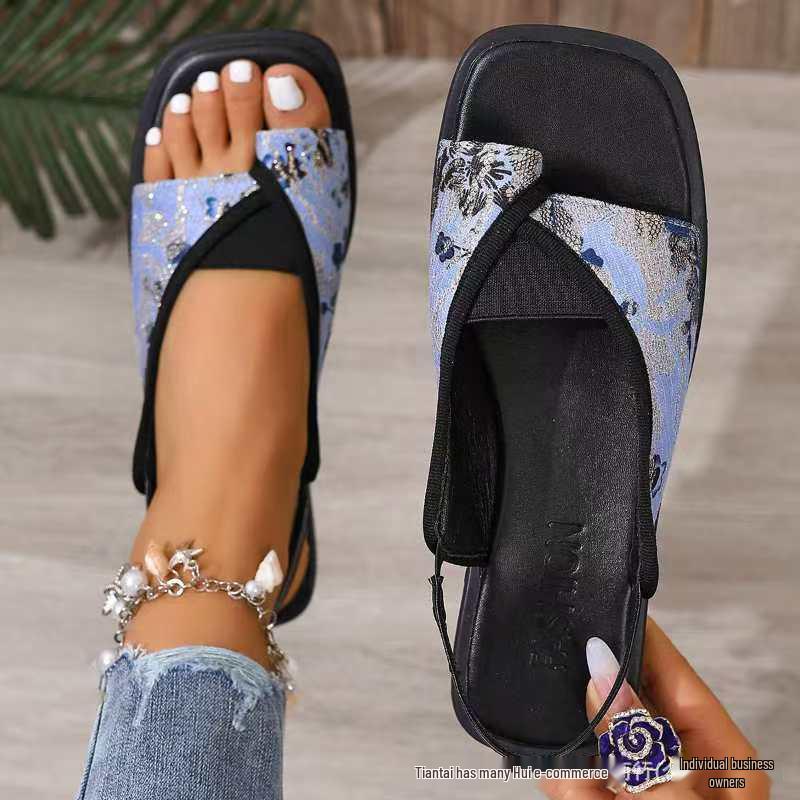 2024 Women's Plus Size Toe-Ring Flat Sandals with Square Toe and Elastic Back