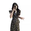 2025 Summer French Black Floral Waist-Slimming Long Dress for Women