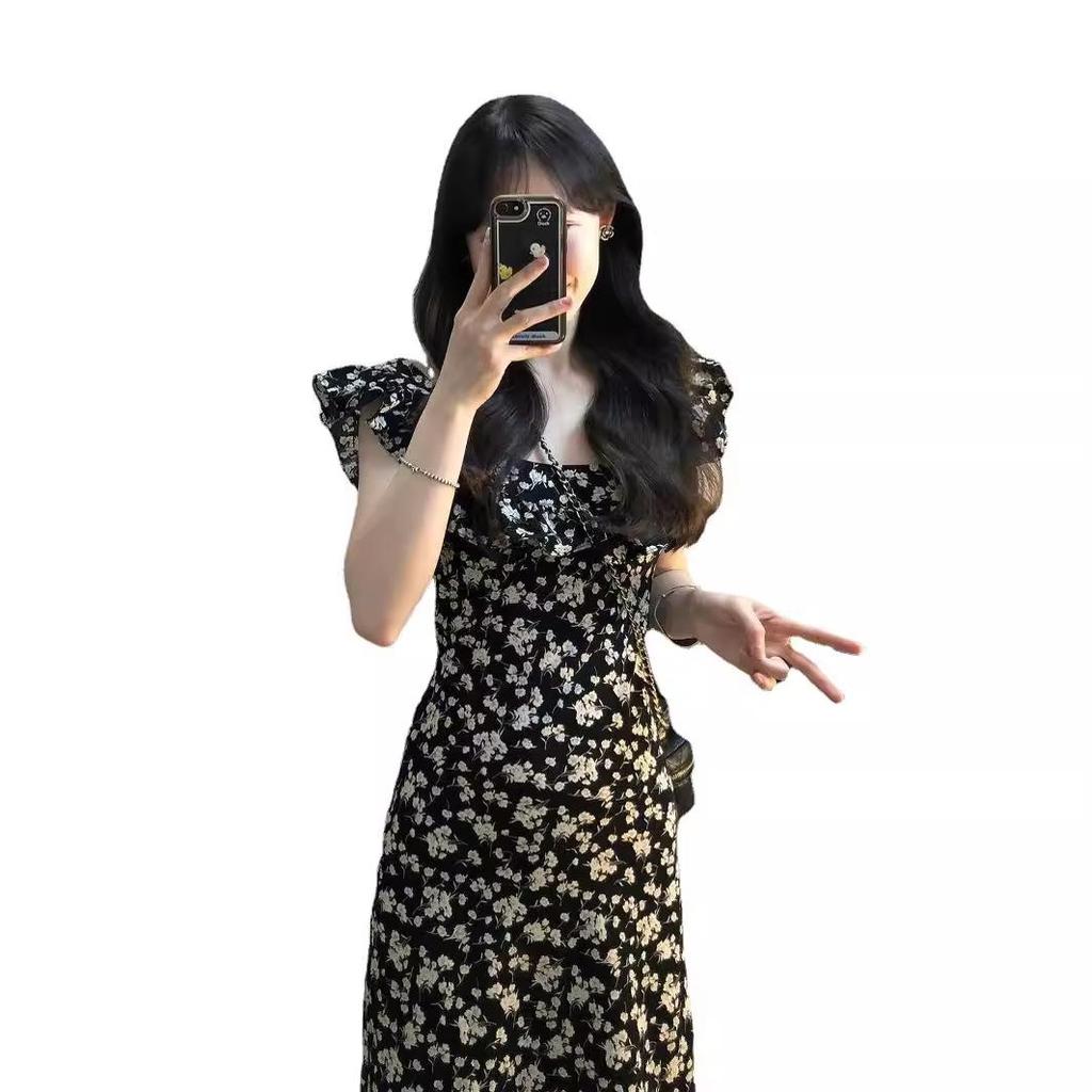 2025 Summer French Black Floral Waist-Slimming Long Dress for Women