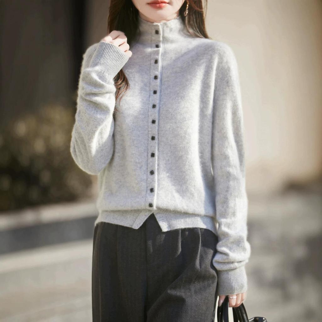 Retro Chic Wool Brushed Button-Up Cardigan - Versatile Autumn & Winter Women's Style with Rolled Hem and Neckline.
