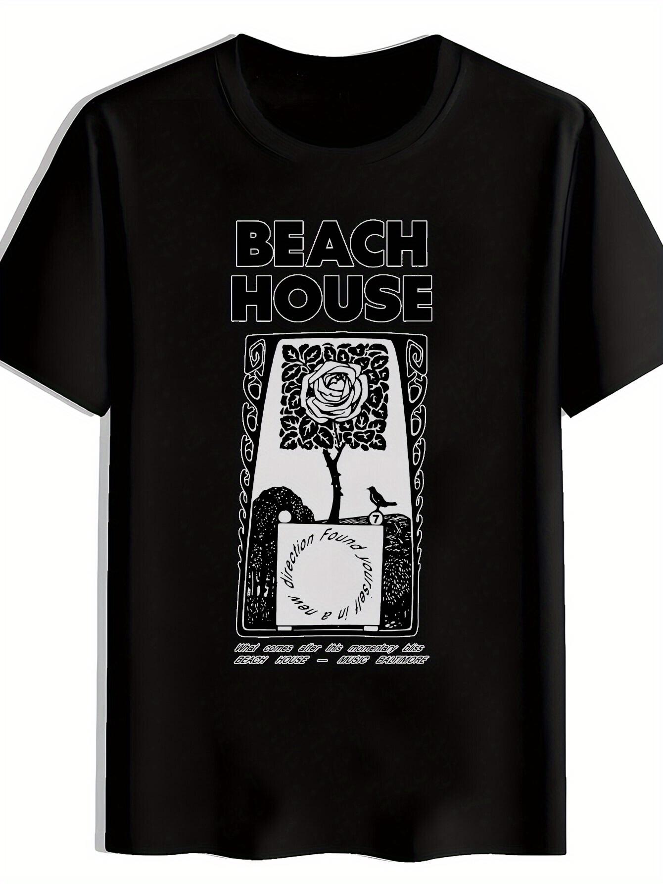 Black Short-Sleeve T-shirt with Beach House Graphic - Vintage Rock Band Design L