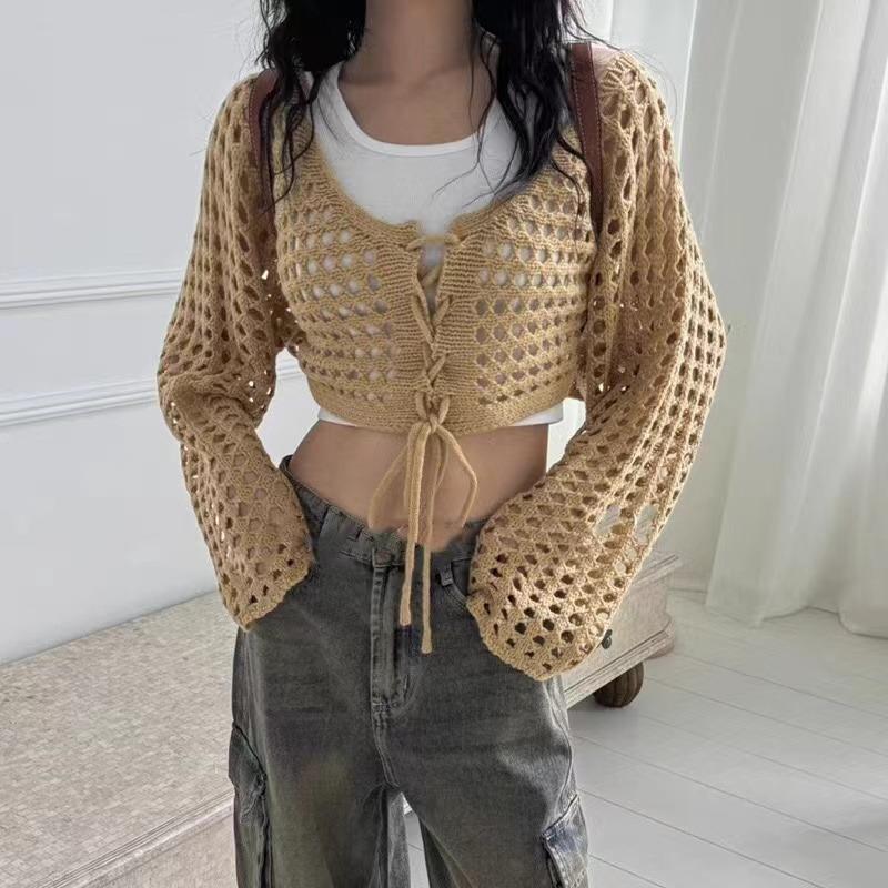 

Вязаный крючком кардиган женский с длинным рукавом завязка спереди ажурный сетчатый топ летний пляжный бикини накидка Y2K эстетический наряд 90-х One Size верблюд