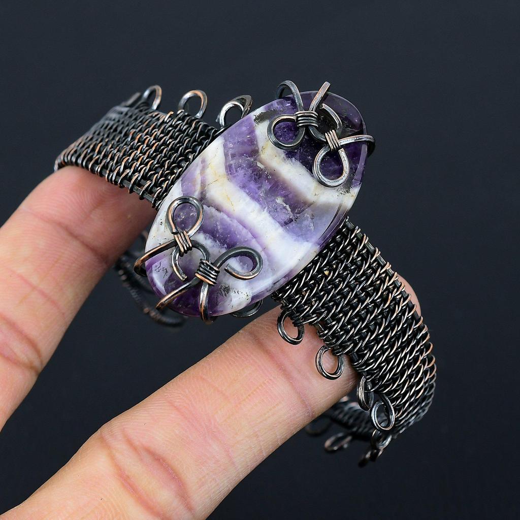 Sage Amethyst Gemstone Pure Copper Wire Wrapped Handmade Cuff/ Bangle Jewelry For Gift