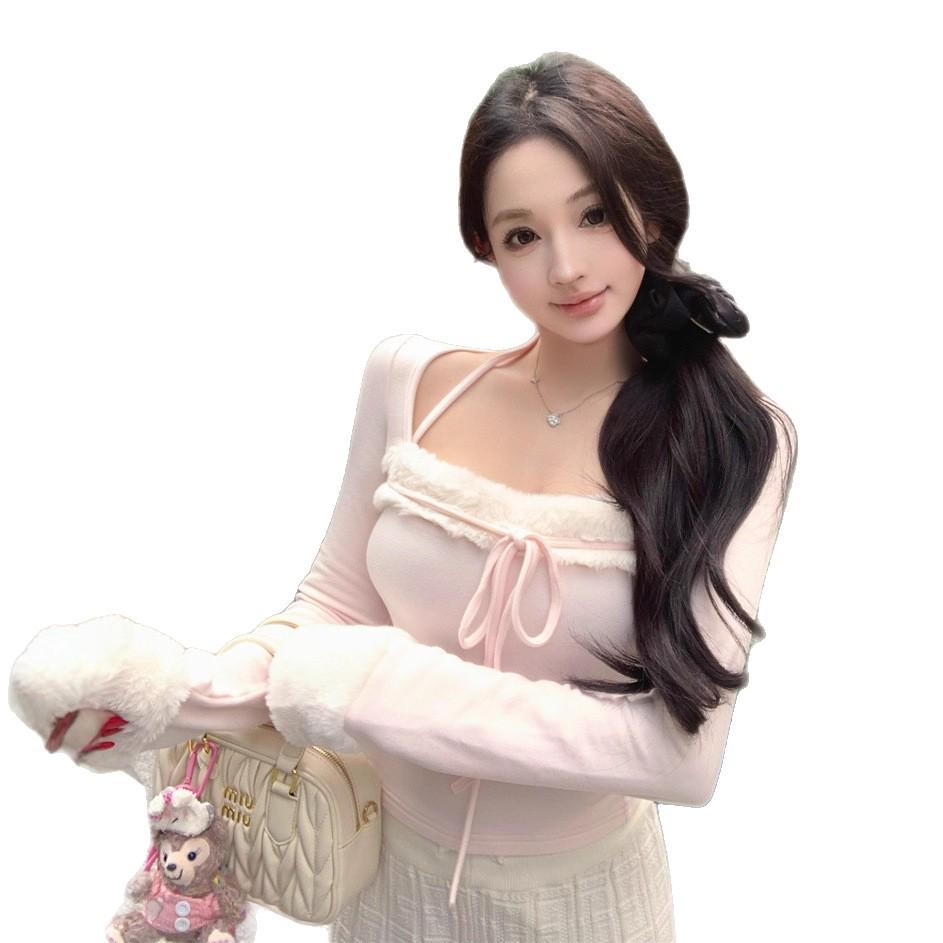 

Women s Slimming Pink Patchwork Long Sleeve Square Neck Halter Top – Autumn Layer XL