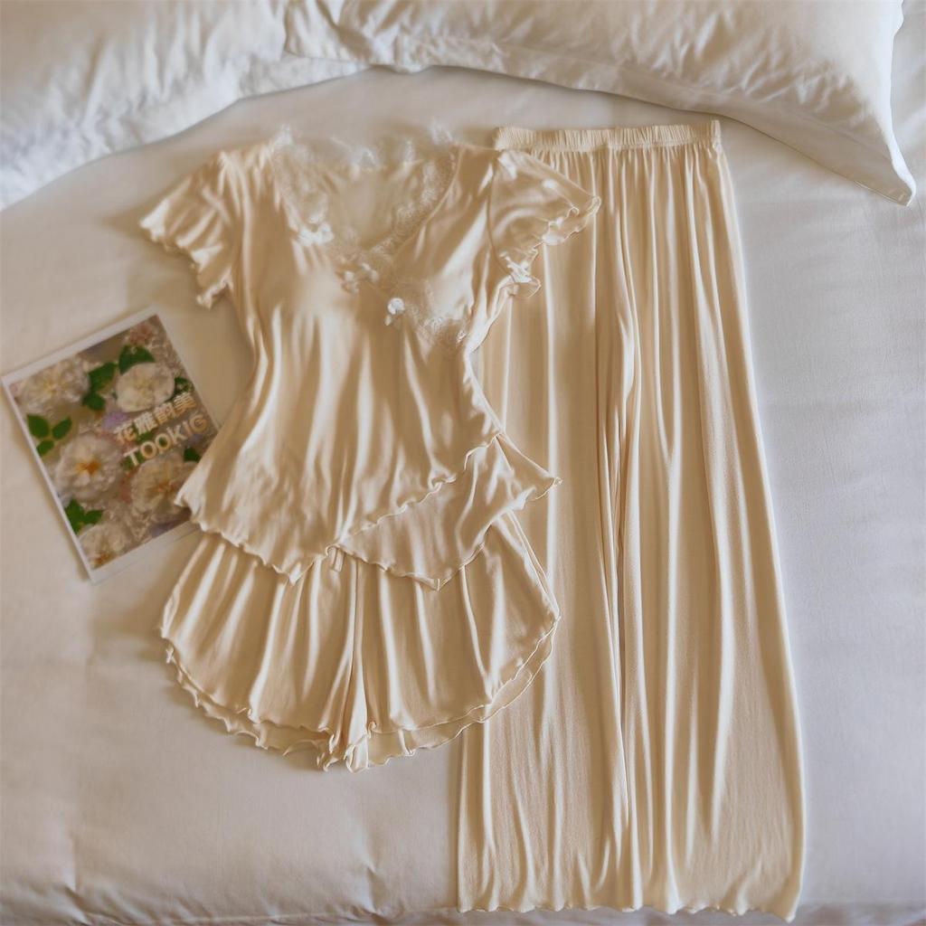 Women's Modal Pajama Set: Short-Sleeved with Built-in Bra, Includes Shorts and Long Pants for Spring/Summer