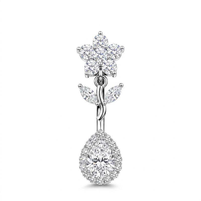 Hypoallergenic Navel Ring Shiny Cubic Zirconia Flower Design Durable Stainless Steel Belly Button Piercing for Women Gifts