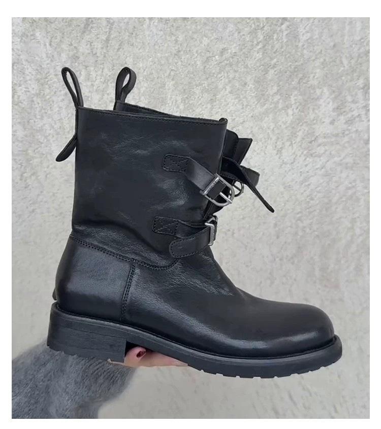 Cowhide version~ Retro belt buckle knight boots thick heel western cowboy boots women's thin boots round head locomotive short boots