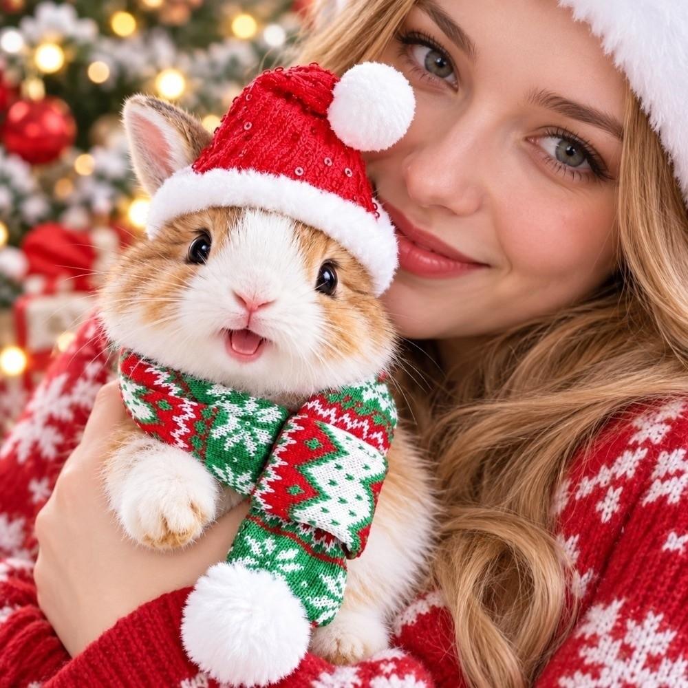 Thick Knit Cat Santa Hat Elastic Strap Pet Winter Warmer Christmas Dog Scarf  Festive Costume