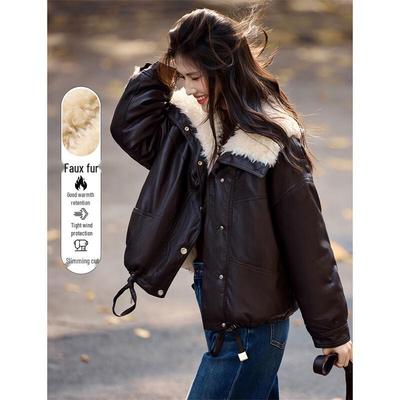 XINFEIYU Women's Winter Faux Lamb Wool Lined PU Leather Lapel Coat