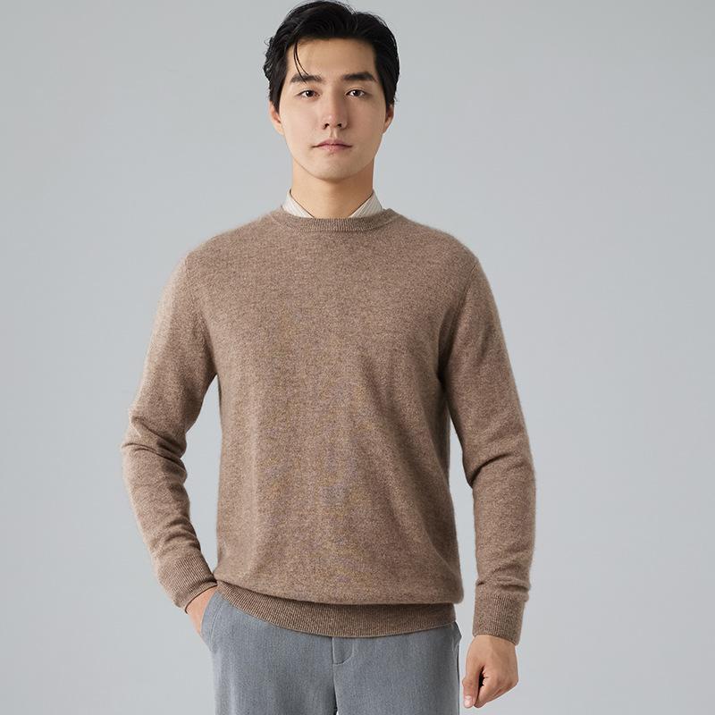 Crew neck cashmere shirt men's loose solid color sweater pullover with bottom knitted wool sweater