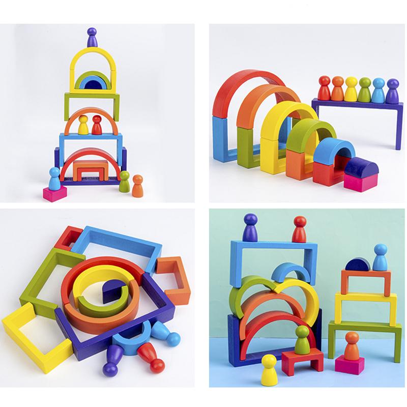 Wooden Toys DIY Assembled House Rainbow Building Blocks Set Children Montessori Early Learning Stacked Balance Educational Toys