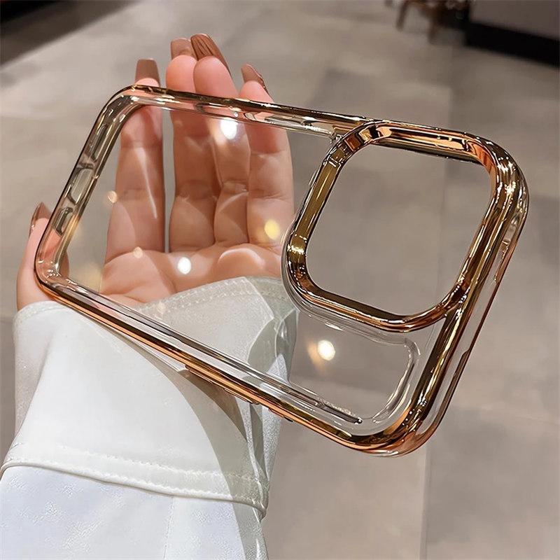 Luxury Plating Transparent Acrylic Case for iPhone 16 15 14 13 12 Pro Max 16 Plus Anti-knock Shockproof Hard PC Armor Cover