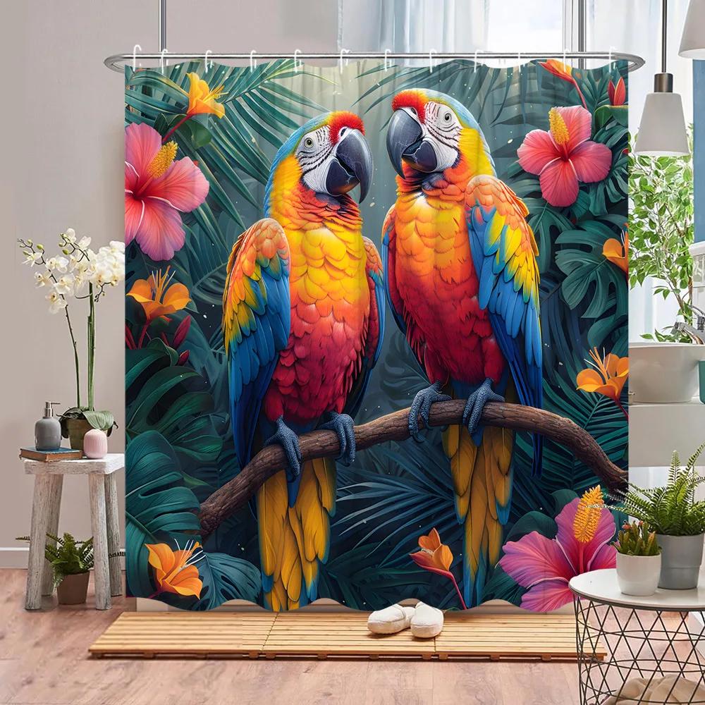 Papagei Duschvorhang Tukan Tropische Pflanze Tier Blume Blatt Ozean Flamingo Cartoon Polyesterstoff Badezimmerdeko Vorhänge