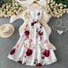 European and American vacation romantic style printing square neck suspender dress women's summer high-end feeling waist and thin big swing dress