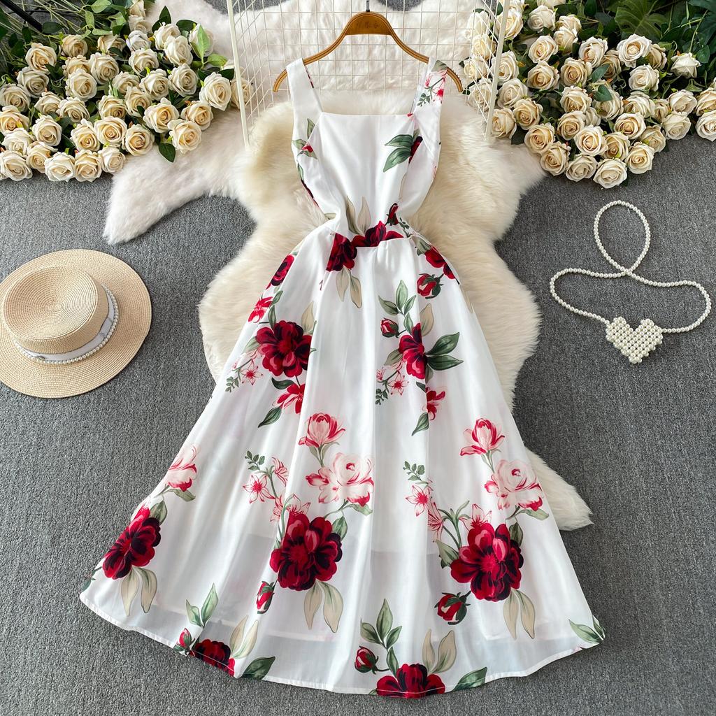 European and American vacation romantic style printing square neck suspender dress women's summer high-end feeling waist and thin big swing dress