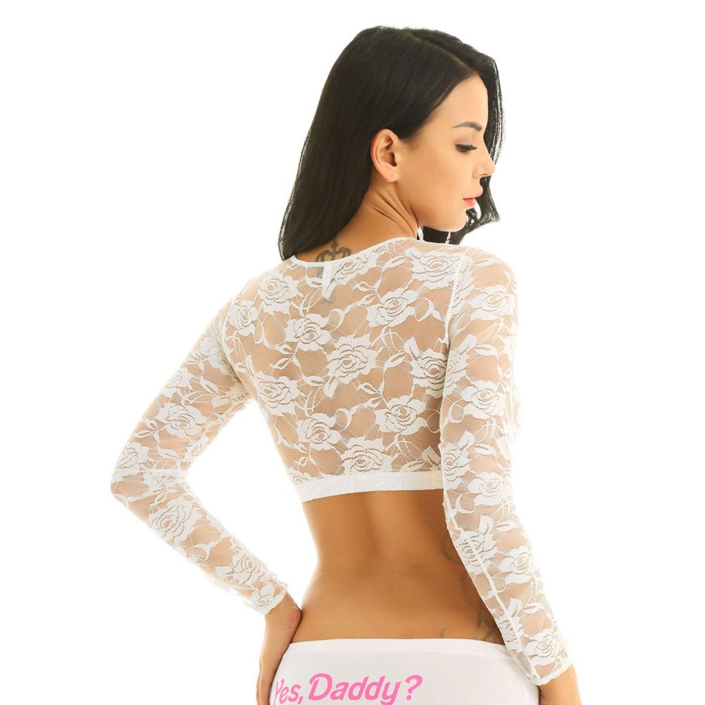 Women's Sexy Tops Lace Mesh See Through Long Sleeves Crop Tops Short Blouse T-shirt Clubwear Streetwear