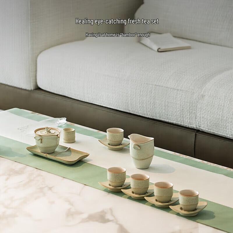 Edenus Spring Bamboo Ceramic Kung Fu Tea Set with Tea Tray