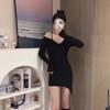 Sexy Black Skinny Dress Long Sleeve Autumn Collar Dew Spice Girl Skinny Waist Irregular Short Skirt Bottom Skirt