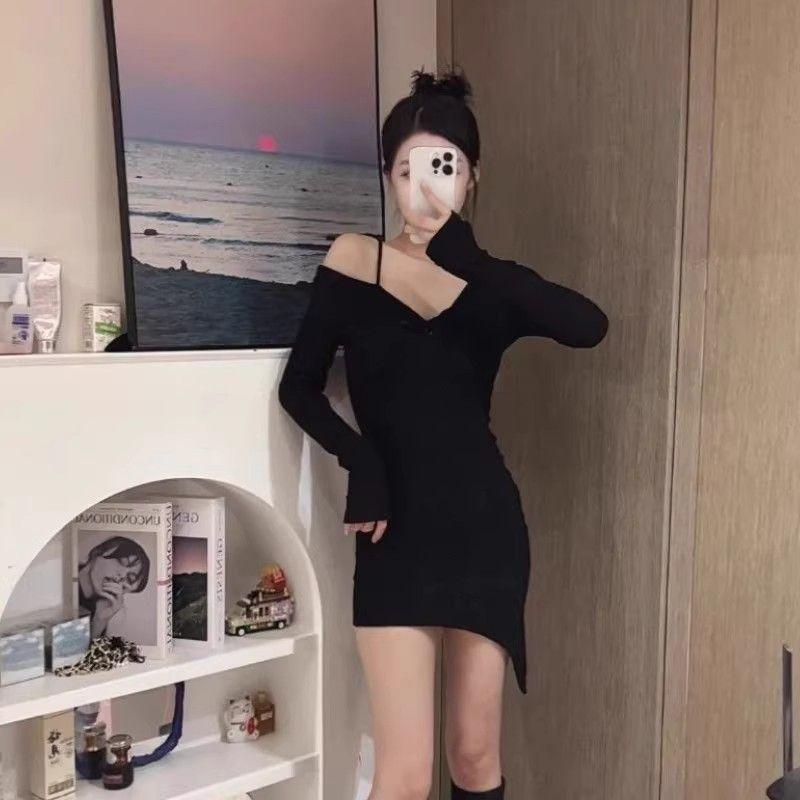 Sexy Black Skinny Dress Long Sleeve Autumn Collar Dew Spice Girl Skinny Waist Irregular Short Skirt Bottom Skirt