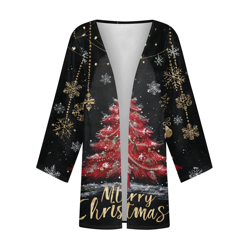 Women's Casual And Fashionable Christmas Printed Lightweight Mid Length Jacket Cardigan