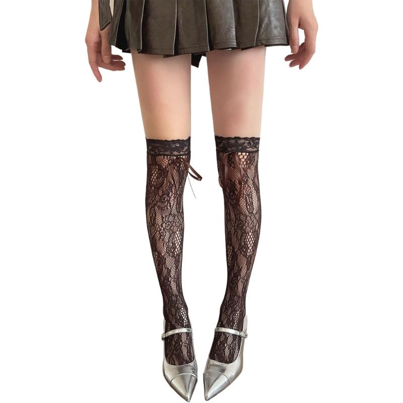 Floral Lace Thigh High Stockings Laces Up Over Knee Highs Socks Fishnet Stockings Sweet Bows Thigh High Sock Hosiery