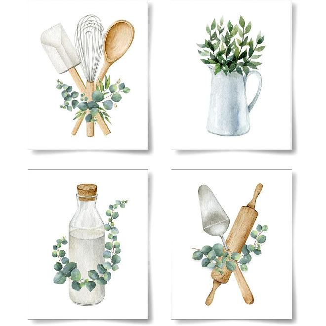 La Naranja Boho Kitchen Wall Decor Sage Green Plants Botanical Prints Eucalyptus Leaves Wall Art Minimalist Dining Room Artwork, Set of 4 Pictures,