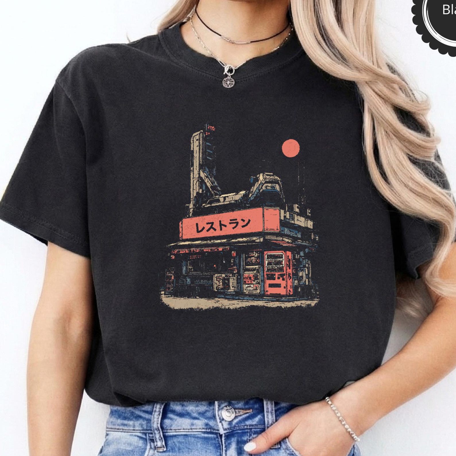 Neo-Tokyo Noodle Stop T-Shirt: Retro Japanese Sci-Fi Tee S
