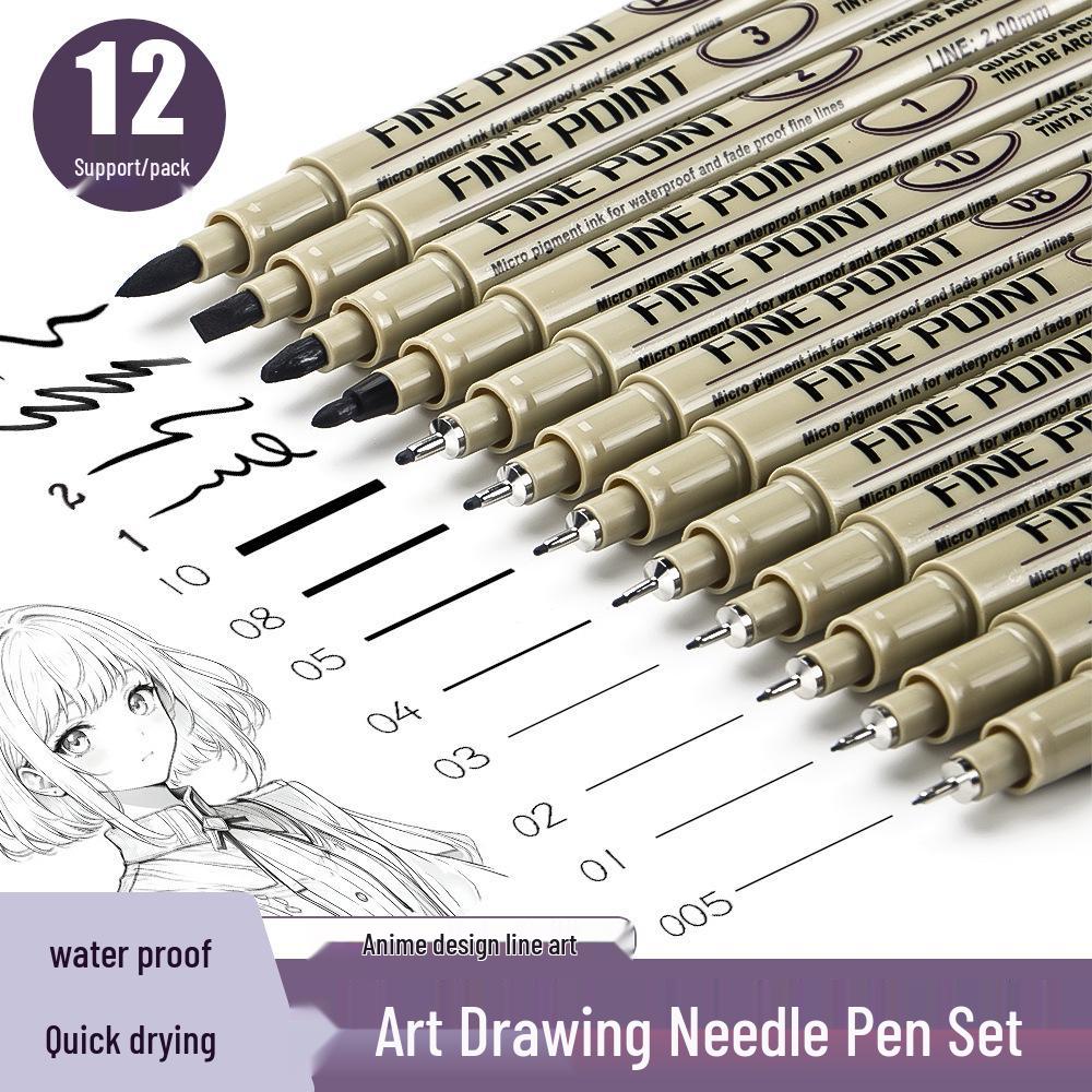 Kusuo Art Black Drawing Pen Set - 12 Quick-Dry, Water & Fade Resistant, Anime Hand-Painted Syringe Liners