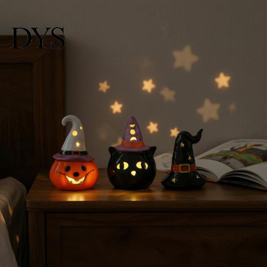 Ceramic Ghost Pumpkin Light Halloween Tealight Holder, Lighted Figurine with Indoor Party Atmosphere Lamp Witch Hat, Tiered Tray Tabletop Decor