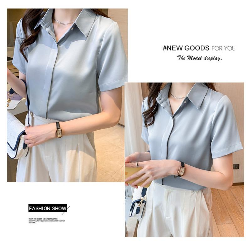 Chiffon Shirt for Women Summer Temperament Professional Shirt Polo Collar Short-sleeved Formal Shoulder Blouse