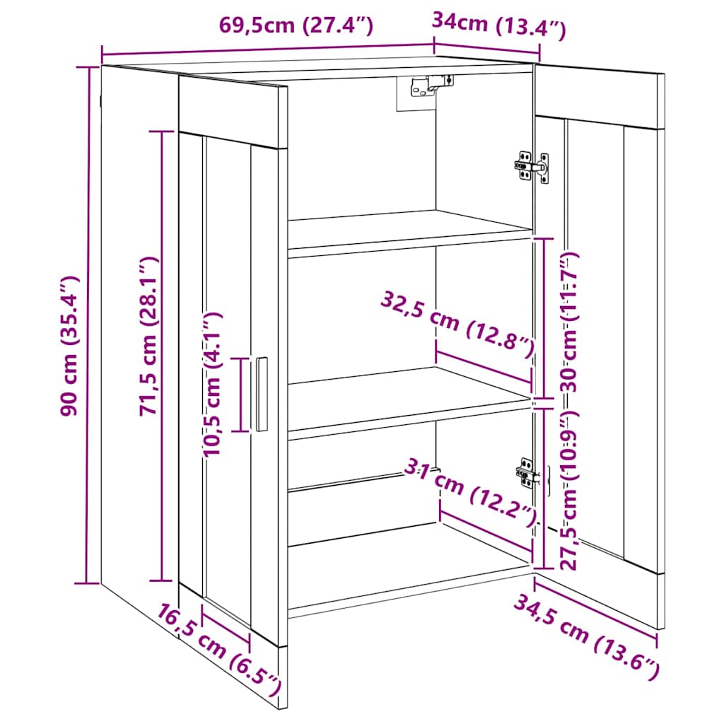 Wall Cabinet Black 69.5 X 34 X 90 Cm Particleboard