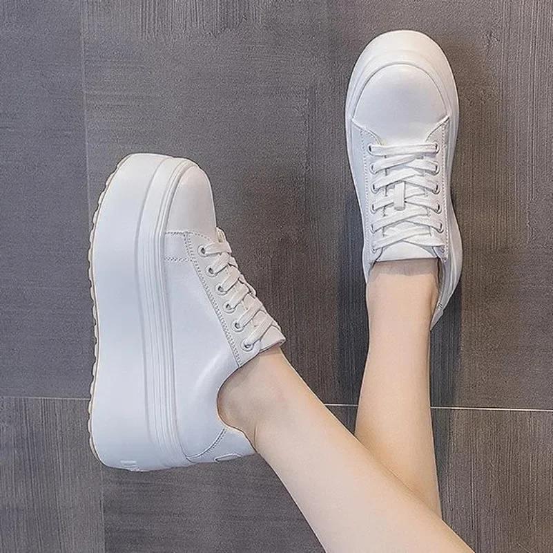 Fashion High quality 8cm Super High Platform Wedge Sneakers Genuine Leather Shoes Women Spring Autumn Green White Shoes Summer Sneakers