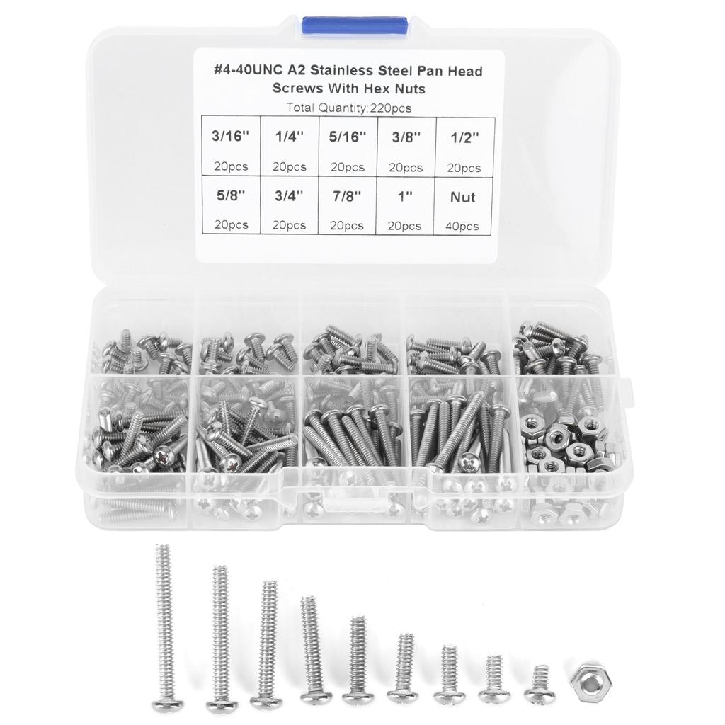 304 Stainless Steel Screws Cross Pan Head Screws with Hex Nuts Washers Screw Kit220pcs #4 40UNC