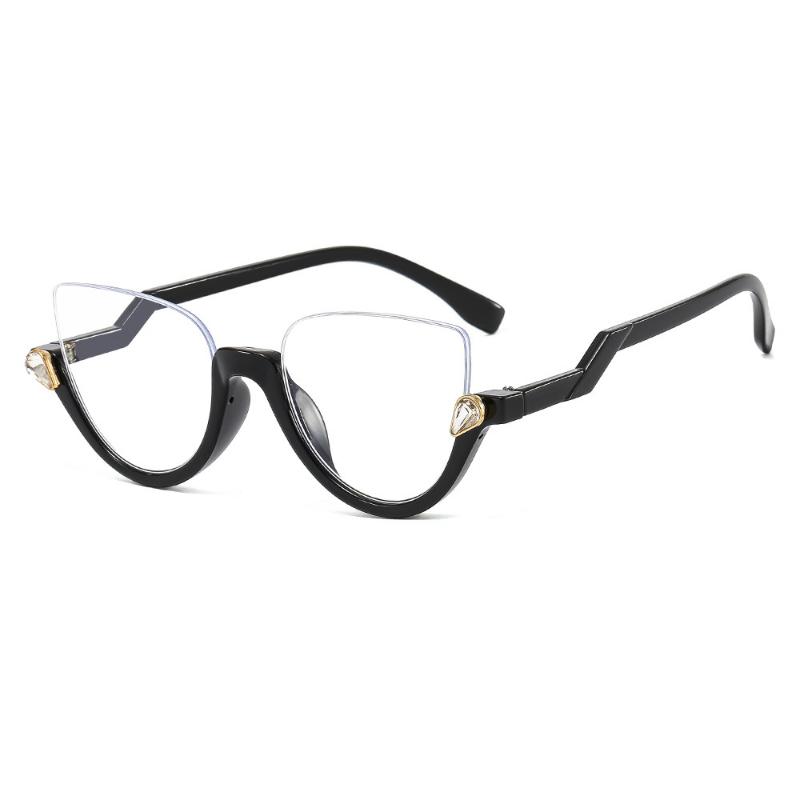 Herren Damen Trendige Halbrahmen Cat Eye Brille Modisch Leichte Freizeitbrille Diamantbesetzt Retro Flacher Spiegel