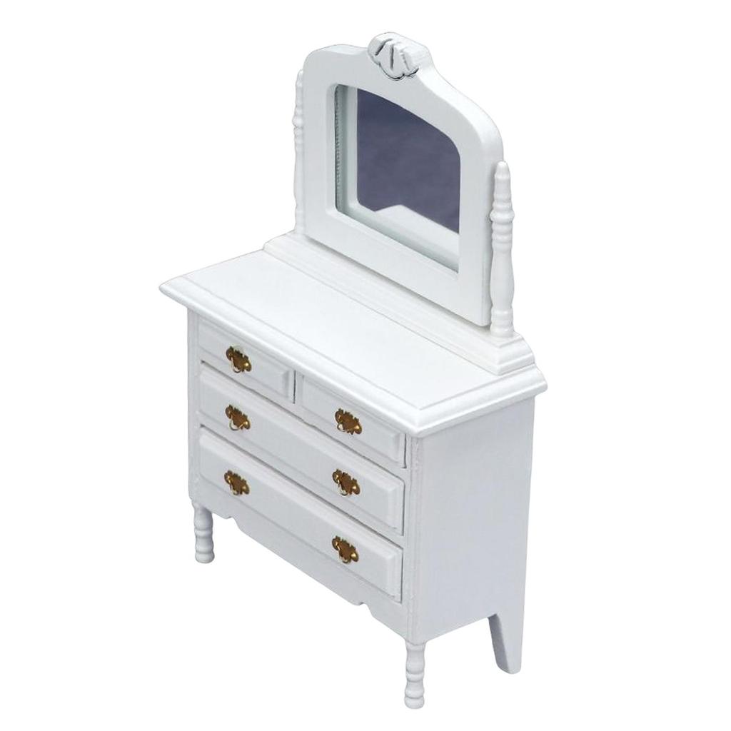 Dollhouse Makeup Vanity with Mirror & Perfume Tray 1/12 Miniature Dressing Table for Dollhouse Bedroom Furniture Decoration