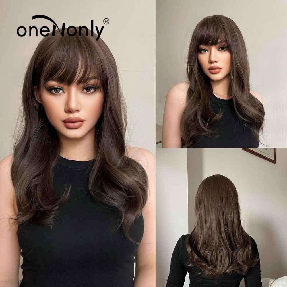 oneNonly Long Body Wave Ombre Brown Pink Synthetic Wigs with Bangs Natural Wave for Women Cosplay Natural Wig Heat Resistant