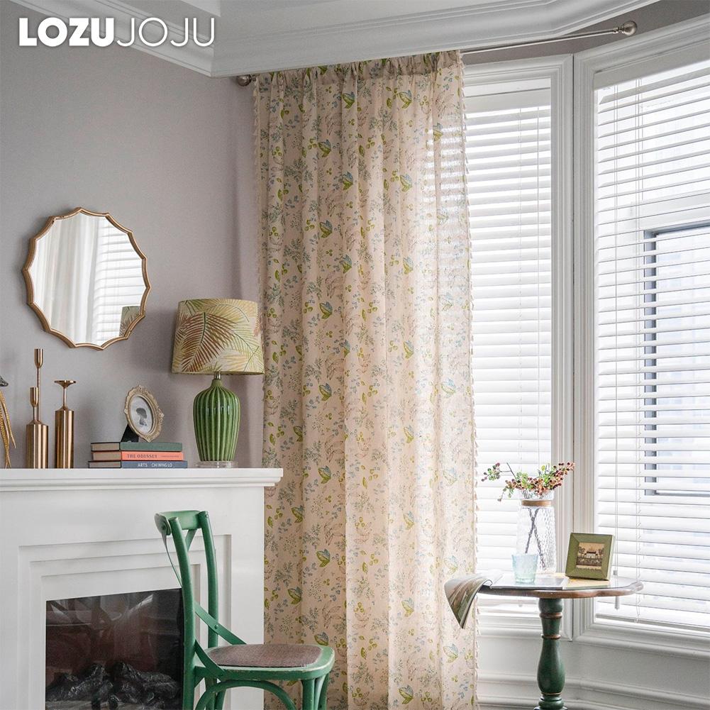 1PC LOZUJOJU Cotton and Linen Printed Beige Tassel Semi Blackout Curtains for Small Windows Balcony Home Decor