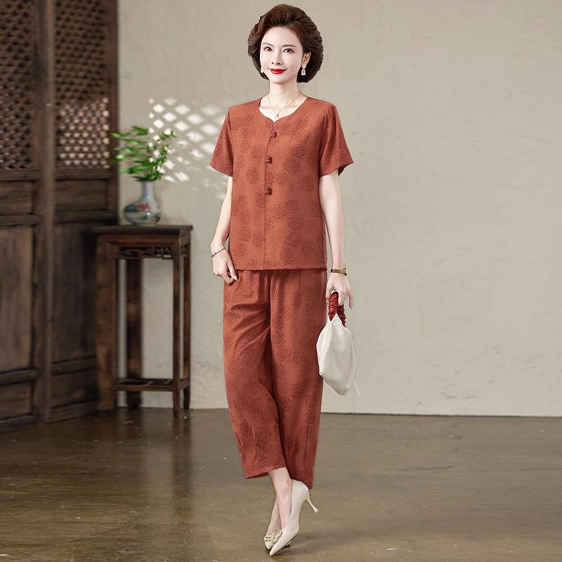 2026 Stylish Cotton Linen Summer T-Shirt Set for Middle-Aged Women
