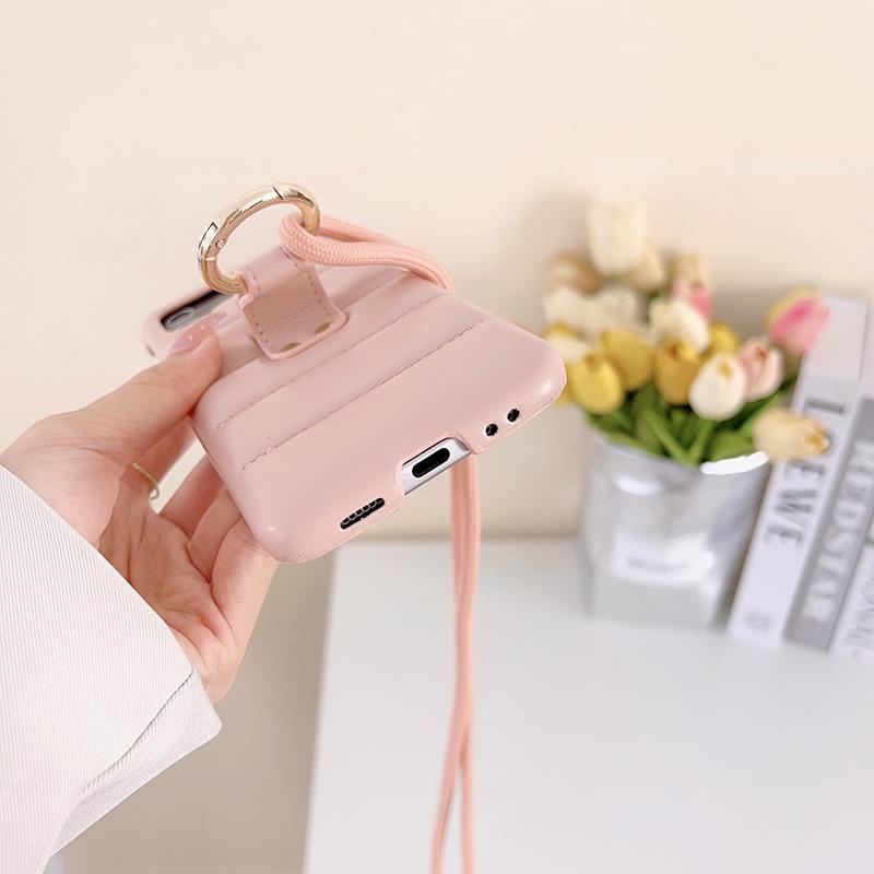 Down Jacket Air Cushion Ring Holder Shoulder Strap Lanyard PU Leather Phone Cover For Samsung Galaxy Z Flip 5 4 Z Flip 3 5 5G Case